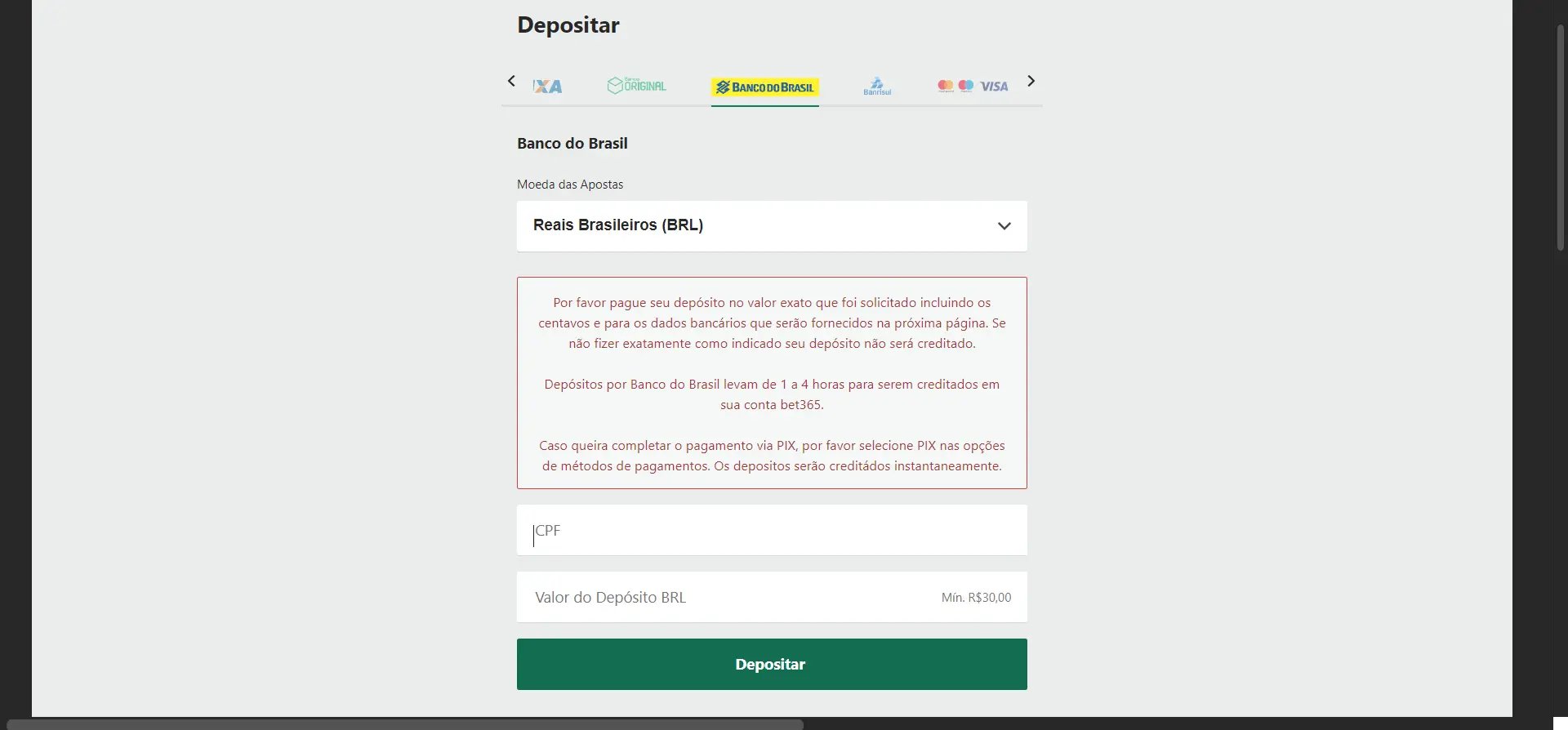 Depositar na bet365 com Banco do Brasil